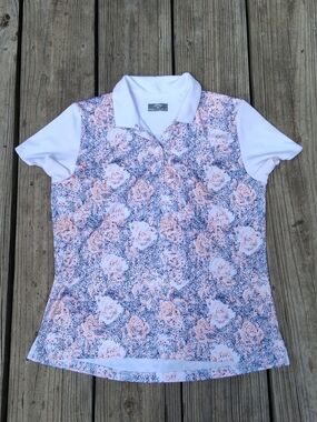 Callaway Floral Polo Top in White, Peach & Navy